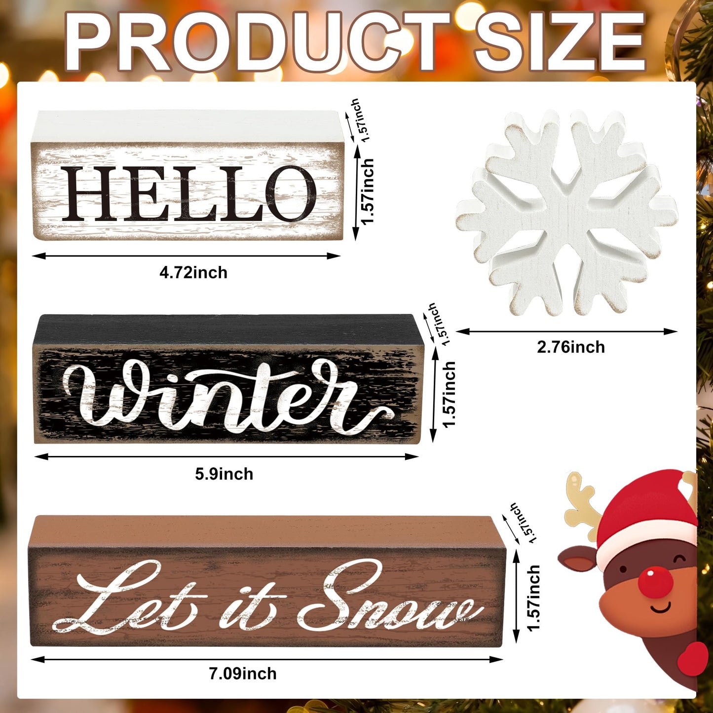 4 Pcs Winter Snowflake Wooden Table Block Sign Christmas Tiered Tray Decor Hello Winter Wood Tabletop Centerpiece Let it Snow Rustic Farmhouse Table Decorations for Xmas Holiday Home Shelf Party Decor