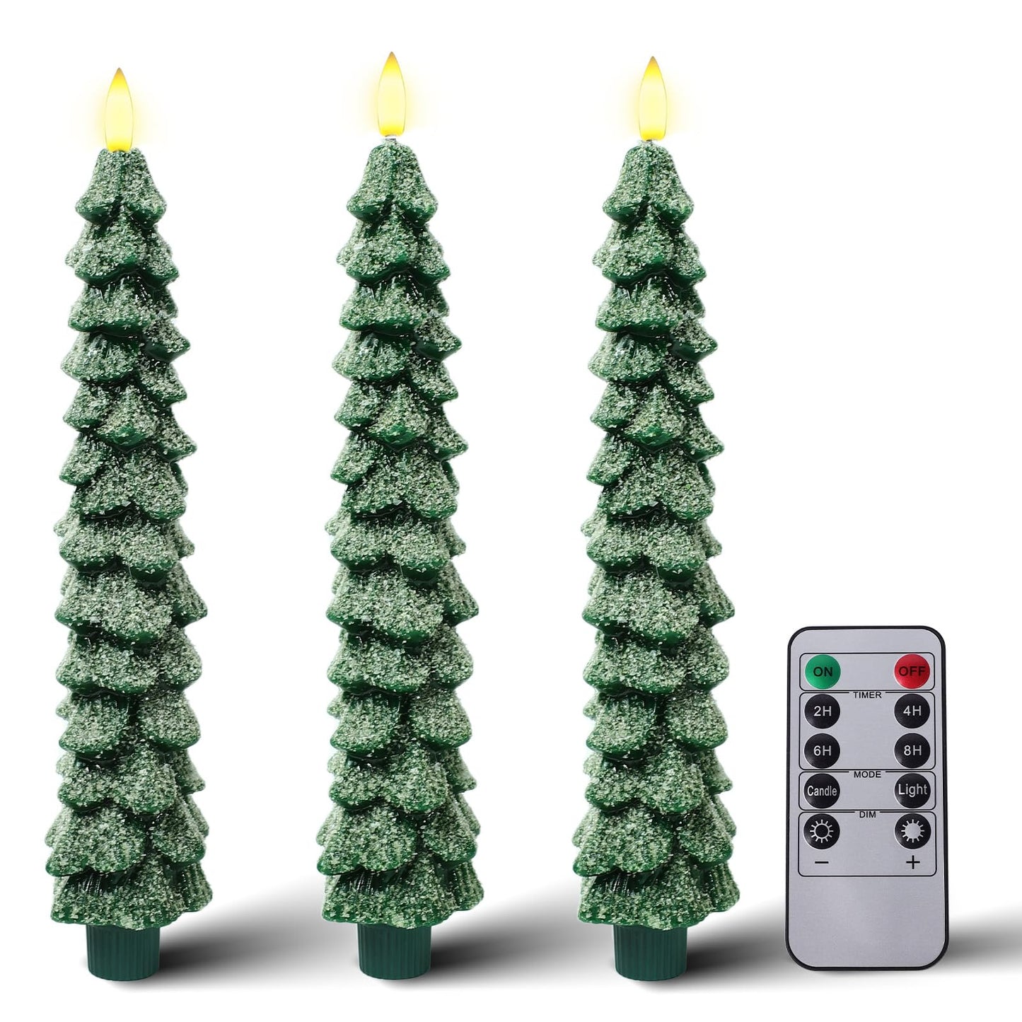 KDVOG 3 Pack Frosted Christmas Tree Candles with Remote, 9.7 Inch Real Wax flameless Taper Candles, LED Green Candlesticks with 3D Flickering Flame for Xmas New Year Home Decor Gifts