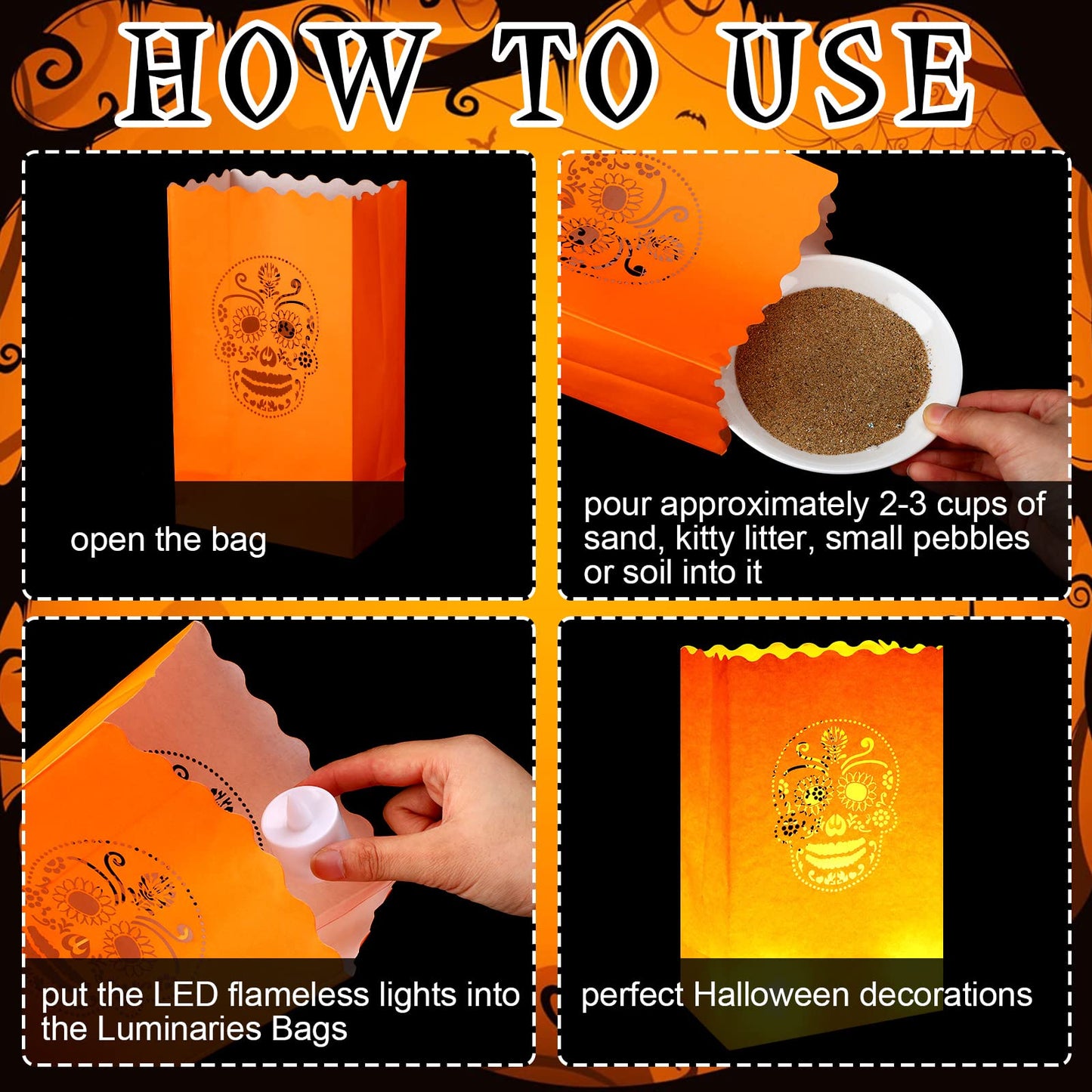 Meanplan 32 Set Day of The Dead Luminary Bags with 32 LED Tea Lights Flameless Candles, Dia De Los Muertos Luminary Mexican Christmas Paper Lantern Bags for Party Decor