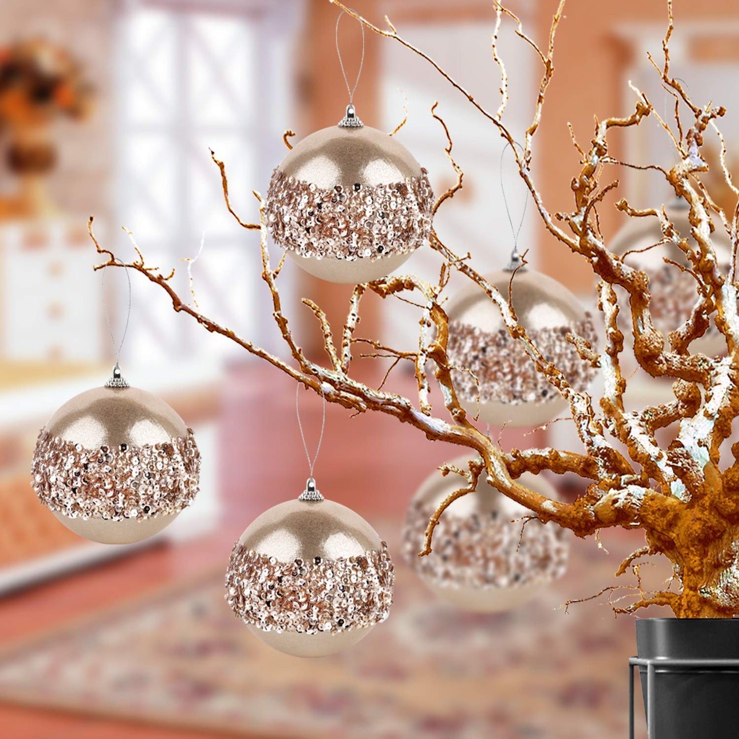 ZHANYIGY 4pc Champagne Gold Christmas Ball Ornaments, 4pc Set Red Shatterproof Christmas Decorations Tree Balls for Xmas Trees Wedding Party Holiday Decorations