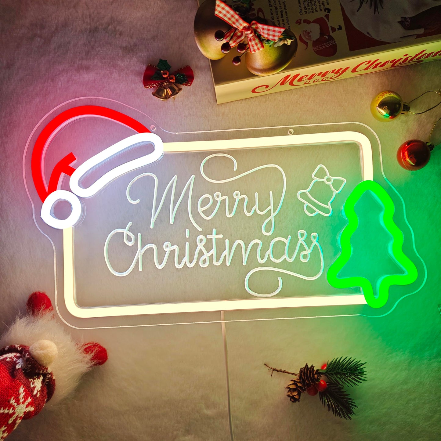 hhuohuona Merry Christmas Neon Sign Dimmable Neon Christmas Sign with Santa Hat & Tree Merry Xmas Light Up Signs for Wall Decor Holiday Gifts Decorations for Home