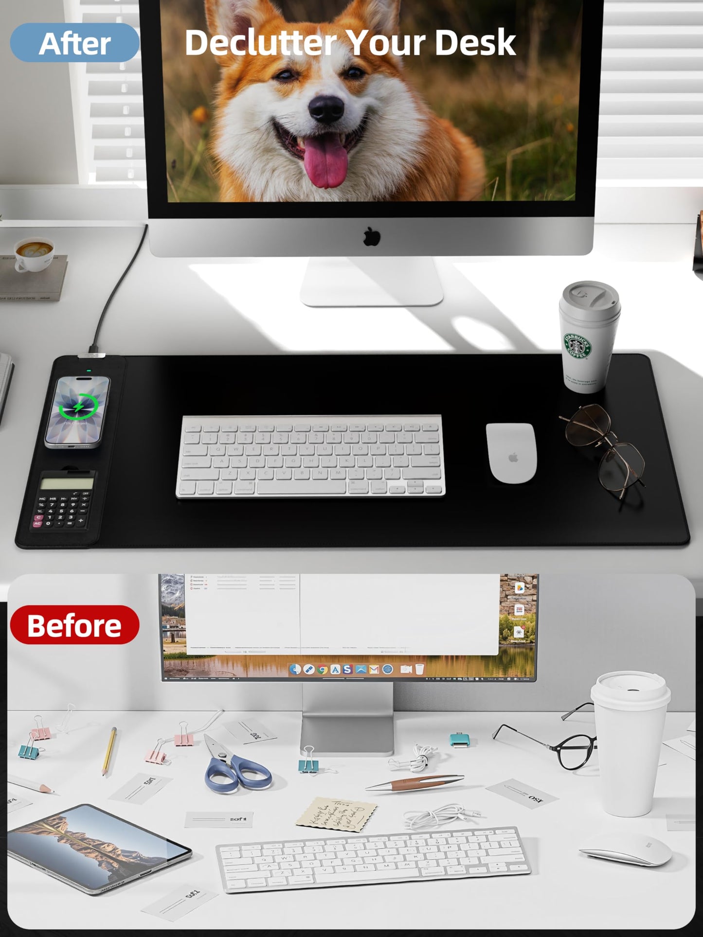 Mouse Pad 31.5x15.75 Inch with Calculator, 15W Magnetic Wireless Charging Desk Mat, XXL Desk Pad, Home Office Large Keyboard Pad with Ultra-Smooth Surface, Non-Slip Base (Black with 20W PD Charger)