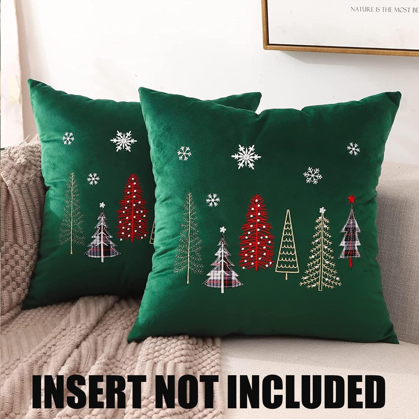 Tosleo Christmas Embroidery Throw Pillow Covers 20 x 20 inch Set of 2 Christmas Decor Velvet Pillowcases Forest Green Xmas Trees Cushion Pillow Cases Soft Square Holiday Pillowcase