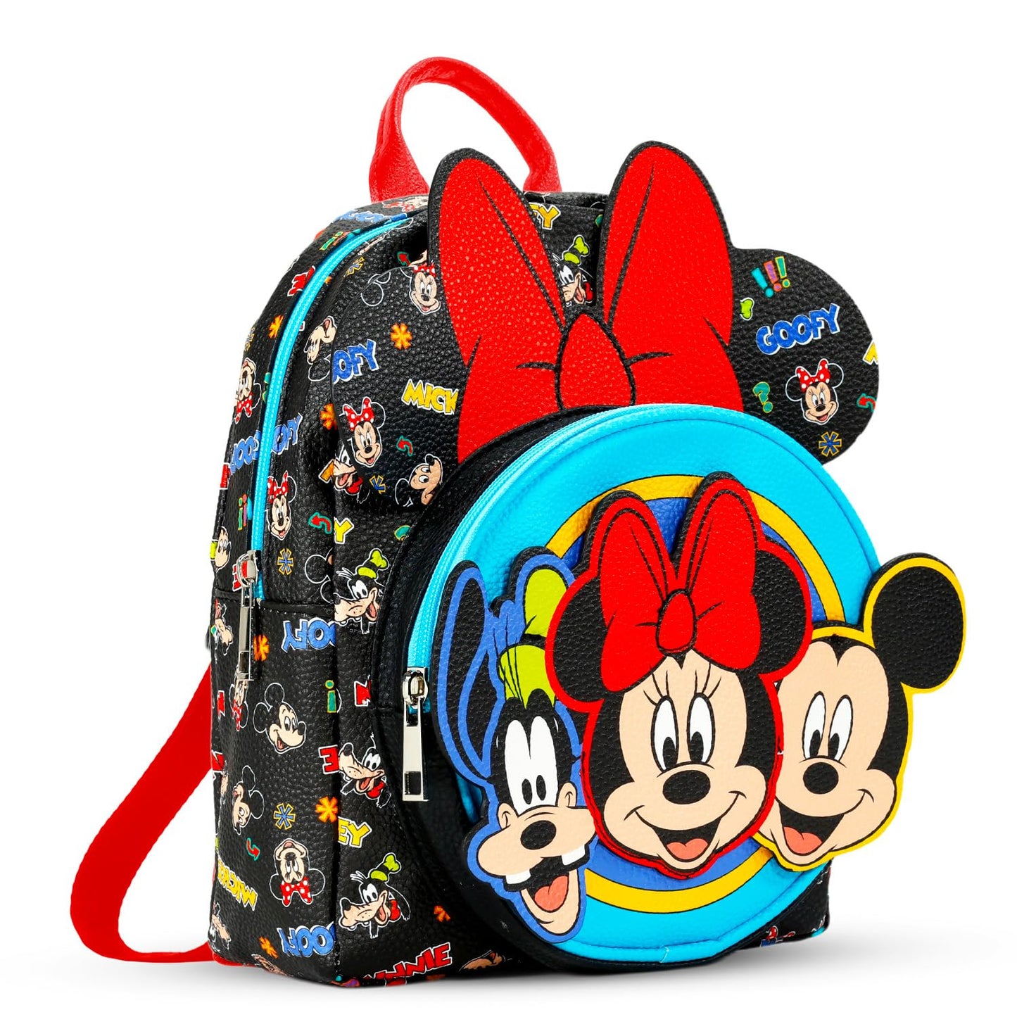 Disney Mini Backpack - 10" Exclusive Mickey, Minnie and Goofy Faux Leather Small Backpack with Front Pocket and Button Bundle | Adjusts to Fit Women, Teens, Girls, Kids