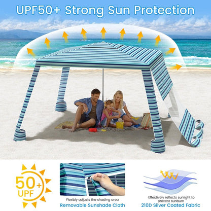 MoKo Beach Cabana, 8'×8' Large Beach Canopy with Side Wall, UPF 50+ Protection Easy Setup Beach Tent Sun Shelter, Adjustable Height Wind Resistant Cabana Beach Tent for Whole Family, Blue-Green Stripe