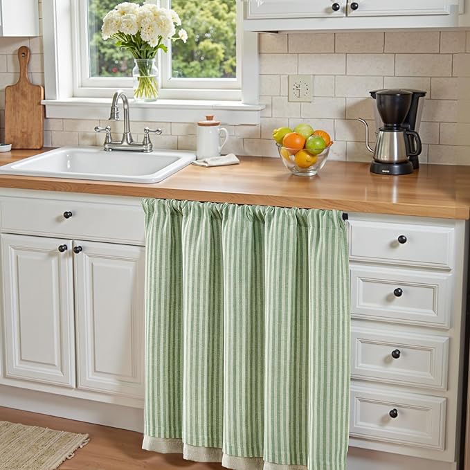 jinchan Double Layer Striped Linen Kitchen Tier Curtain Rustic Cafe for Living Room Bathroom Half Window Curtain Light Filtering Rod Pocket 1 Panel 36 Inch Sage Green