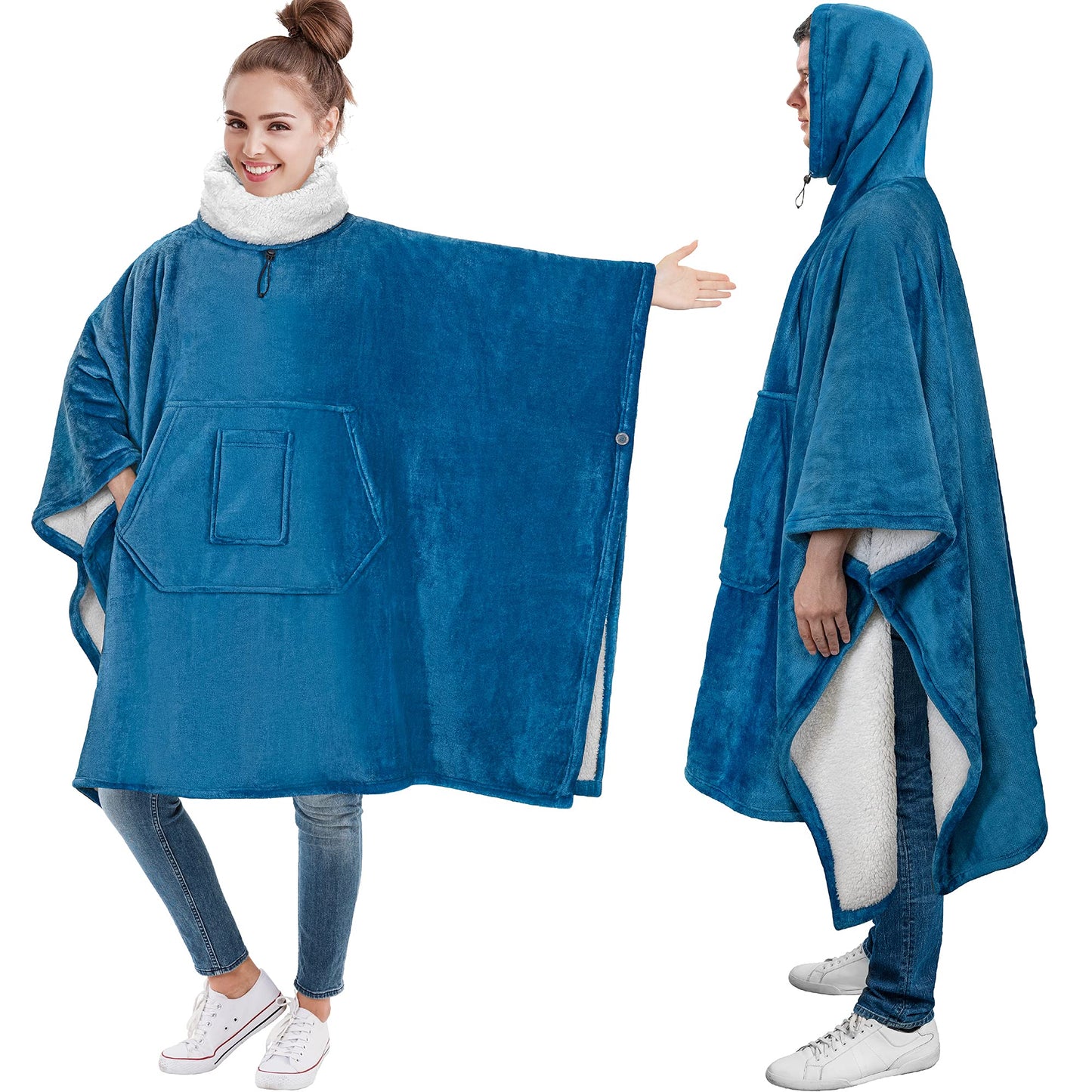 PAVILIA Sherpa Wearable Blanket Poncho for Women Men, Oversized Hoodie Sweatshirt Poncho Blanket, Hooded Sweater Wrap Cape Neck Warmer, Fleece Soft Hug Sleep Pod Adult, Cozy Warm Gift Ideas, Teal Blue