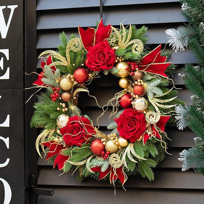 Christmas Wreaths for Front Door–24Inch Outdoor Christmas Door Wreath with Lights,Classic Xmas Wreath with Pinecone,White Berries and Silver Ornaments Design, Holiday Outdoor Wreaths Decor