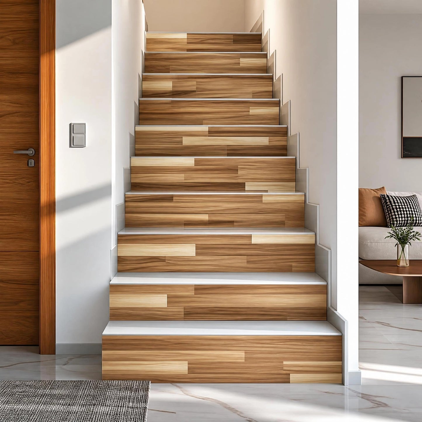 PLIGREAT 15 Strips Brown Wood Pattern Stair Decals Peel and Stick Stairs Riser Stickers Lifelike Style Murals Decor for Steps 7.1"x39" Self-Adhesive Stair Riser Decals for Home Hotel Decor