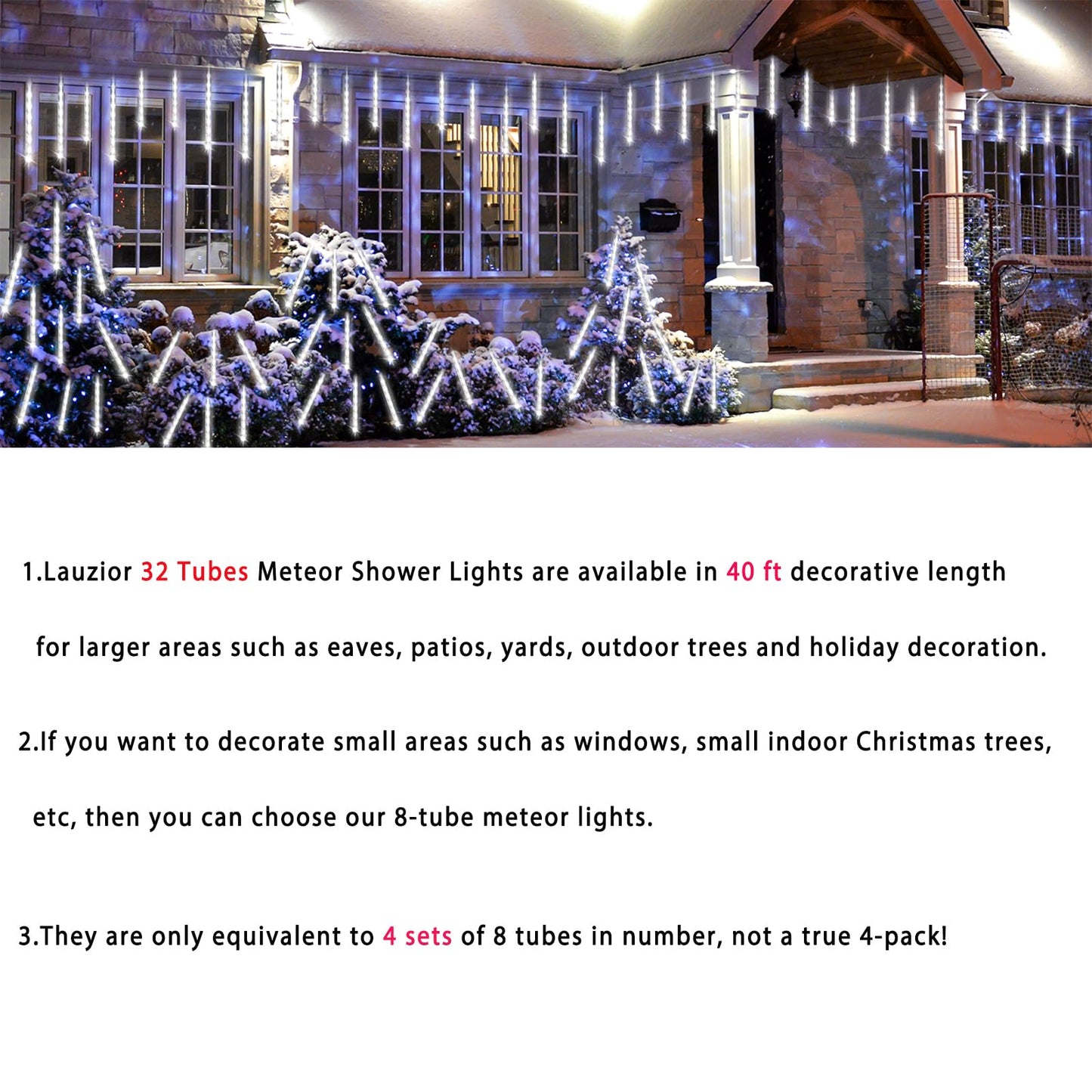Christmas Decoration Outdoors- 32 Tubes (Equivalent to 4 Sets of 8-Tubes) Meteor Shower Rain Lights, White Falling Rain Lights for Christmas Decor Xmas Tree Halloween Yard Wedding Party, UL Plug