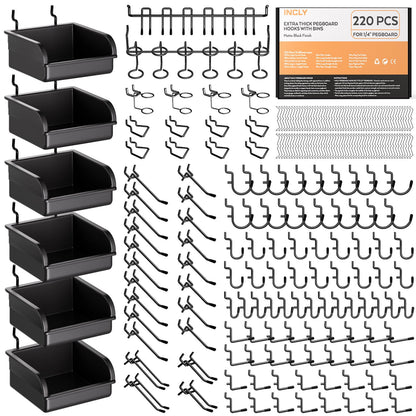 INCLY 220PCS Extra Thick Pegboard Accessories Organizer Kit for 1/4 Inch Pegboard, Heavy Duty Black Pegboard Hooks with Bins & Peg Lock, Peg Board Hooks Assortment for Garage Wall Hanging Tools