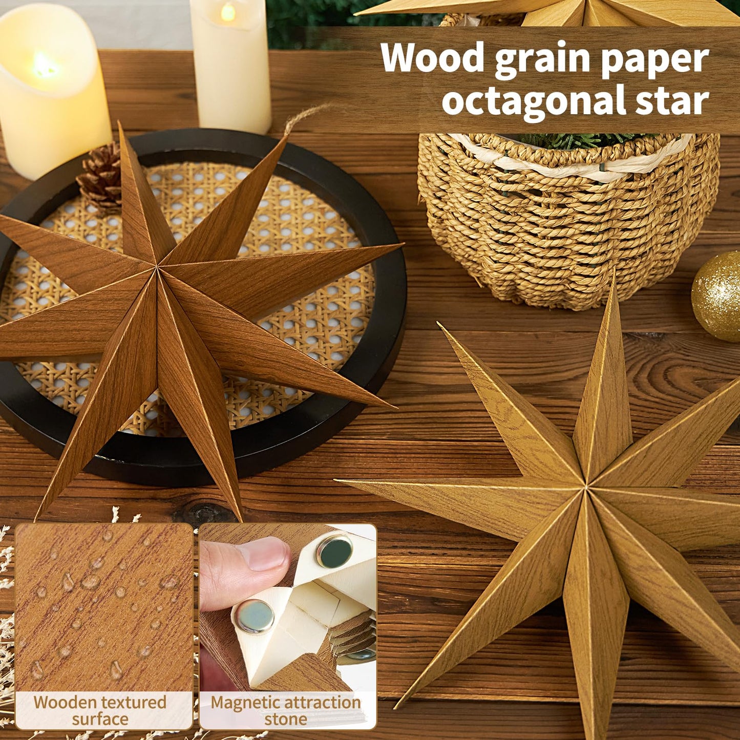 SUNBEAUTY 8-Pointed 12 Inch Paper Star Lanterns Brown Wooden Christmas Lanterns Hanging Lamp Paper Decorations Shade Wedding Birthday Christmas Home Party Decorations