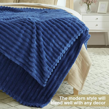 decorUhome Soft Fleece Navy Blue Blanket Queen Size for Bed, Cozy Fluffy Plush Flannel Large Striped Throws for Couch Sofa, Lightweight Decorative Fuzzy Blanket for Woman, 90x90 Inches
