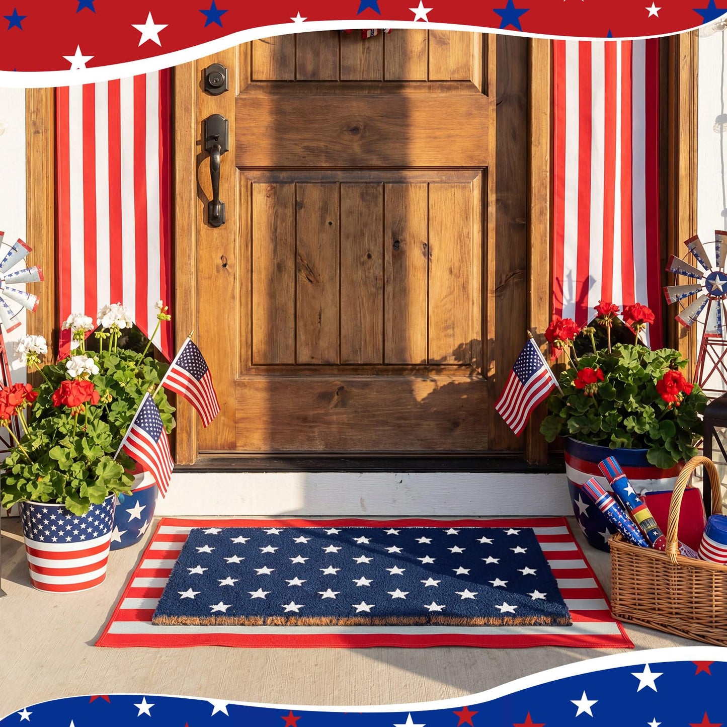 Breling 2 Pcs 4th of July Door Mat Set, Layered Thick Mats Combo with Blue Star Red Stripe American Flag Design for Independence 250 Anniversary Memorial Day Coco Coir Doormat for Front Porch Outdoor