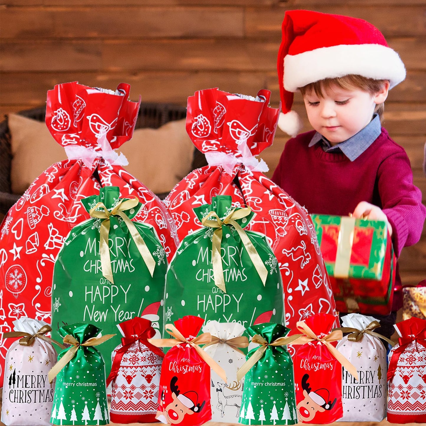 Happy Storm Christmas Drawstring Gift Bags 30PCS Assorted Styles Christmas Drawstring Wrapping Goody Sweet Treat Candy Bags for Xmas Birthday Party Supplies Favors