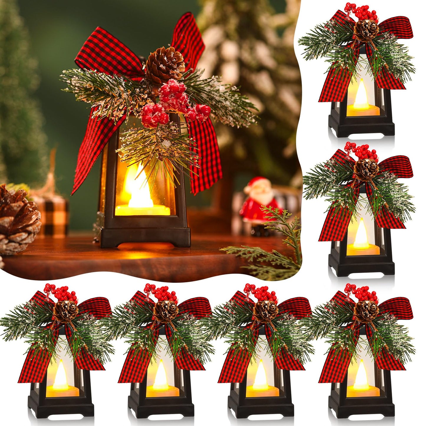 Set of 6 Christmas Mini Decorative Lanterns with Flickering LED Flameless Candle Hanging Lantern Decoration Bulk with Buffalo Plaid Bow Battery Included for Xmas Party (Red Plaid Bow)
