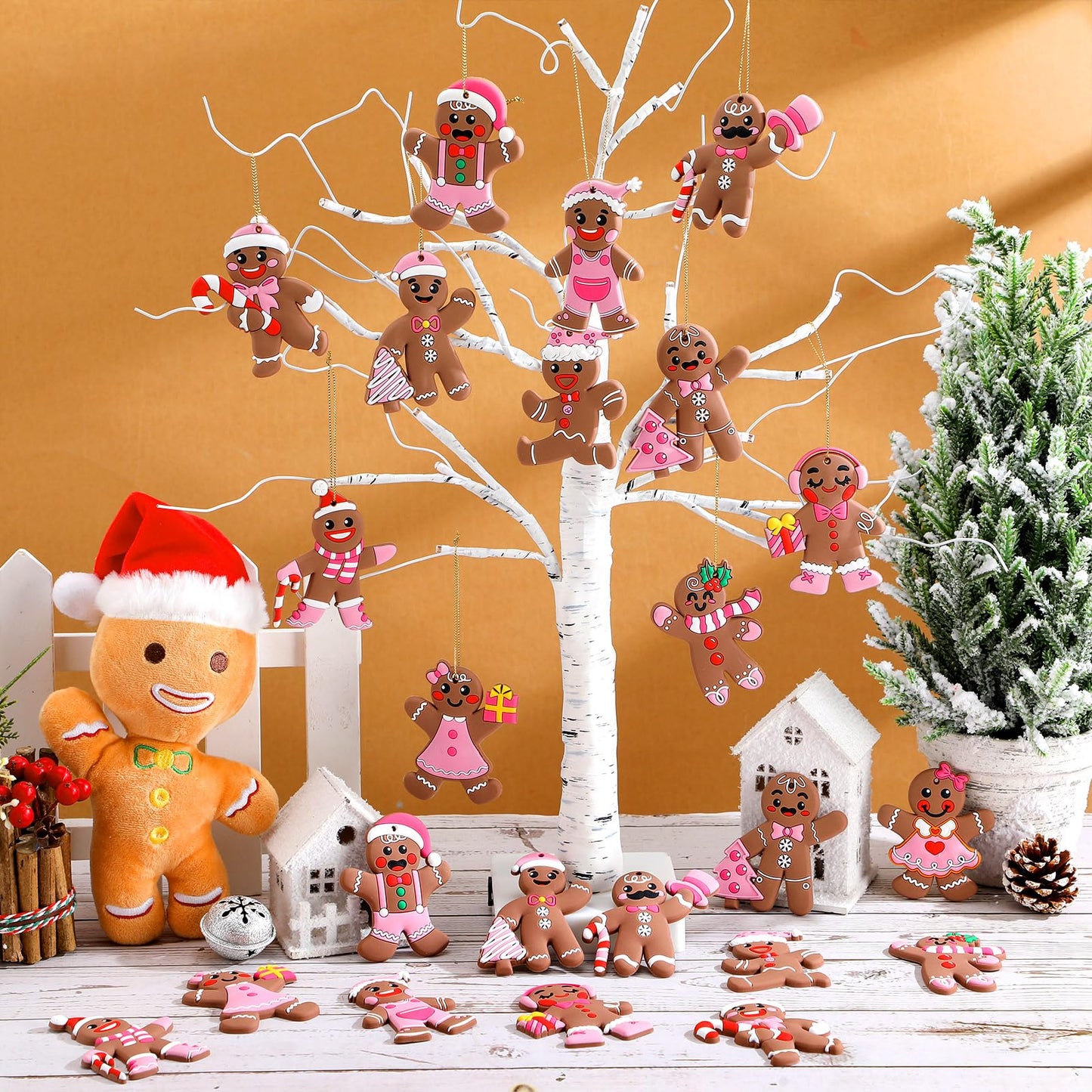 Lunmon 36 Pcs Gingerbread Christmas Ornaments PVC Pastel Pink Gingerbread Man Ornaments Candy Cane Tree Decorations Cute Xmas Hanging Cutout Christmas Decorations for Tree Home Indoor Party (Girly)