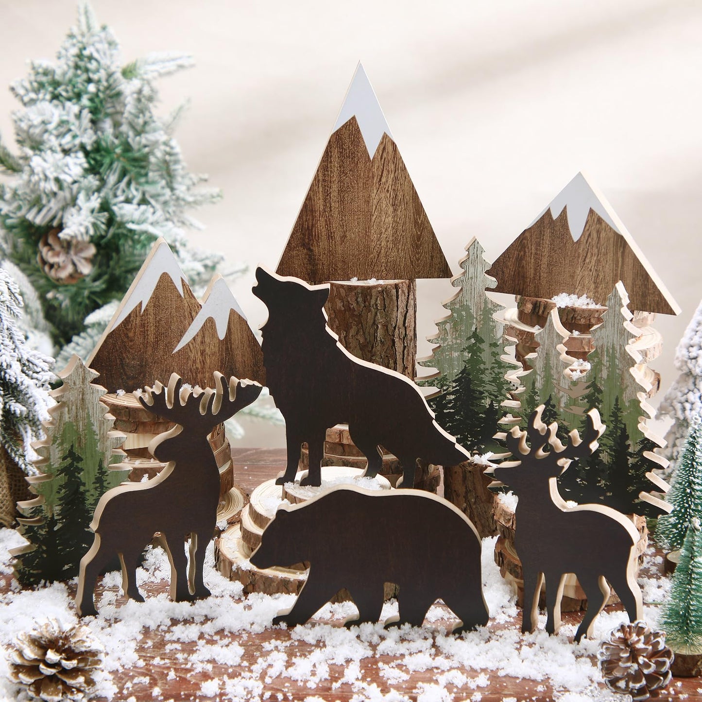 DoubleFill 10 Pcs Cabin Shelf Decor Wooden Forest Animals Bear Mountain Pine Tree Sign Rustic Woodland Decor for Cabin Farmhouse Table Centerpiece Home Office Decoration