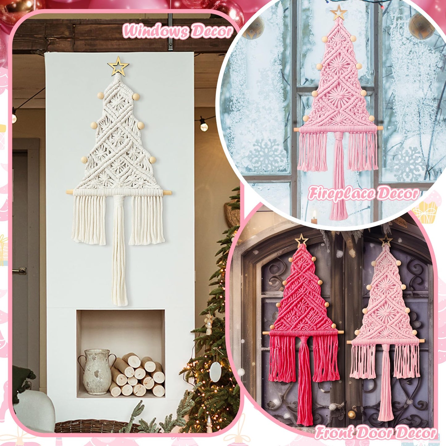 HunnmingRe 3 Pcs Large Macrame Christmas Tree Macrame Christmas Wall Decoration Hanging Ornaments Boho Wall Decor for Party Supplies (Beige,Light Pink and Dark Pink)