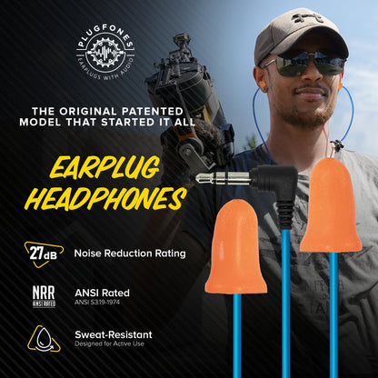 Plugfones Basic Earplug Headphones Earplug-Earbud Hybrid 27 dB Noise Reduction Rating OSHA Compliant Hearing Protection Earphones Noise Reducing Work Headphones Orange Foam Bell Earplugs