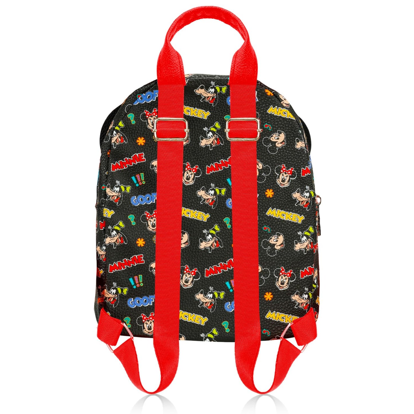 Disney Mini Backpack - 10" Exclusive Mickey, Minnie and Goofy Faux Leather Small Backpack with Front Pocket and Button Bundle | Adjusts to Fit Women, Teens, Girls, Kids