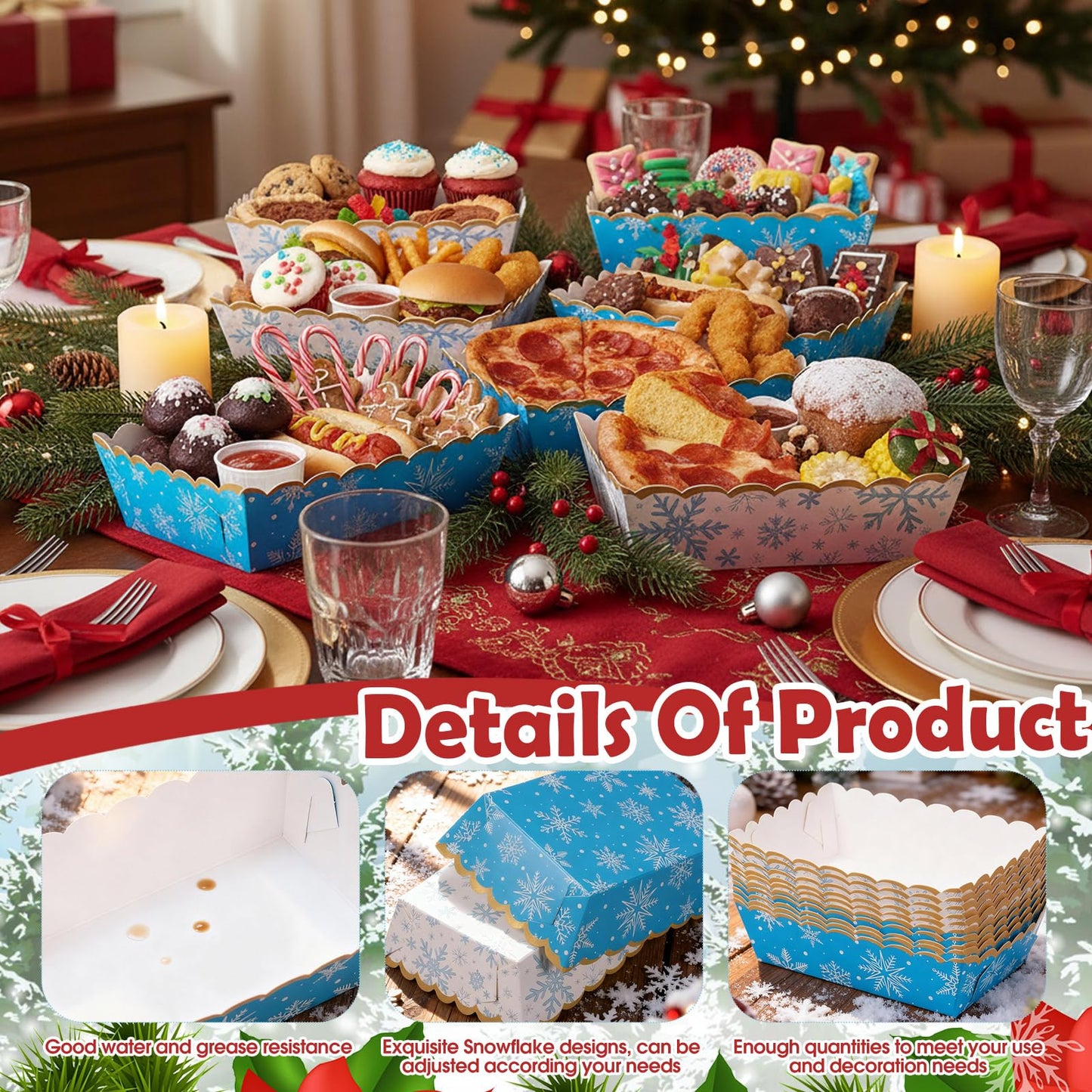 Dunzoom 60 Pcs Blue White Winter Snowflake Paper Food Trays Winter Wonderland Party Decoration Snowflake Snack Trays Nacho Boats Bowl Disposable for Holiday Birthday Baby Shower Party Supplies