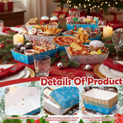Dunzoom 60 Pcs Blue White Winter Snowflake Paper Food Trays Winter Wonderland Party Decoration Snowflake Snack Trays Nacho Boats Bowl Disposable for Holiday Birthday Baby Shower Party Supplies
