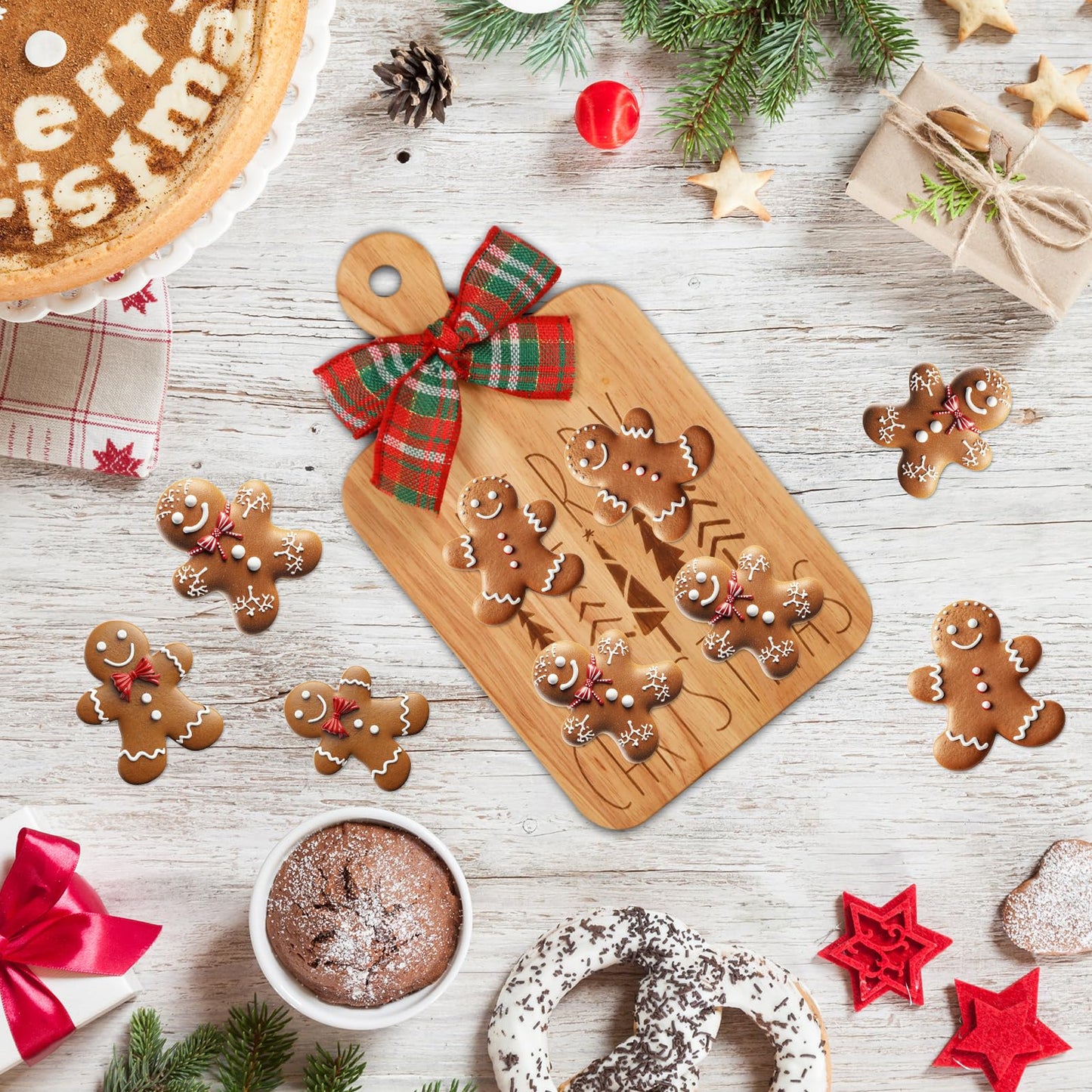 JarThenaAMCS 2 Pcs Merry Christmas Wood Cutting Board with Ribbon Xmas Tree Kitchen Charcuterie Board Serving Platter Tray for Winter Home Party Gift Decor
