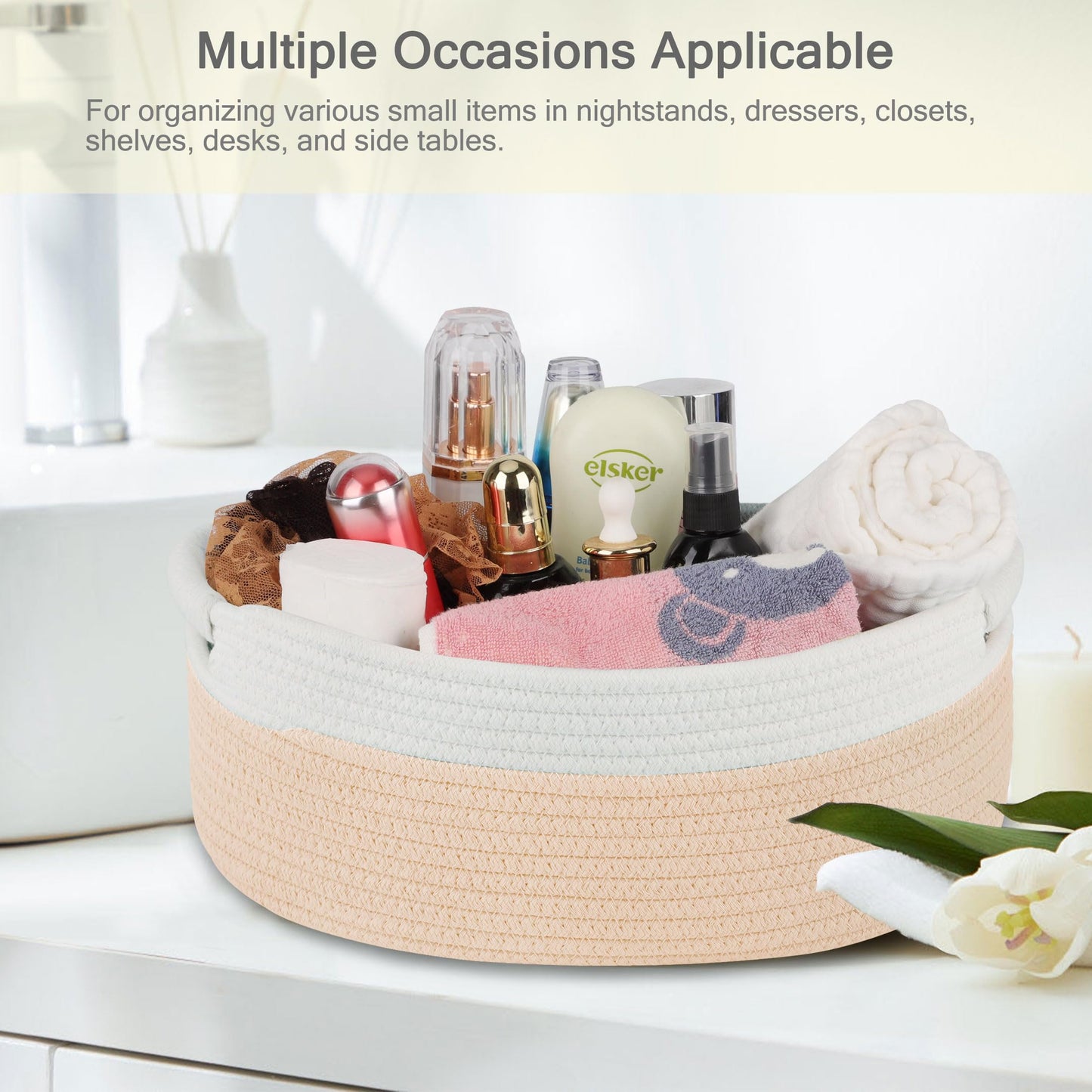 BOSROTY Small Woven Basket with Gift Bags and Ribbons, Empty Baby Gift Baskets for Kids Women Men, Shelf Storage, Small Cat Dog Pet Toy Boxes, 13”x 9”x 5.5”, Beige