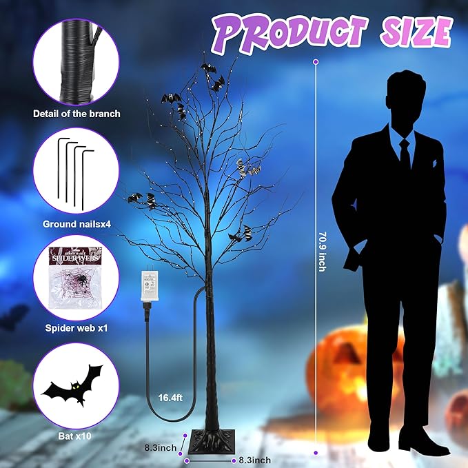 Halloween Lighted Tree with 260 LED Lights, 6FT Black Halloween Tree with Timer, 8 Modes, Dimmable, Spider Web & Bats DIY, Indoor Outdoor Halloween Decorations