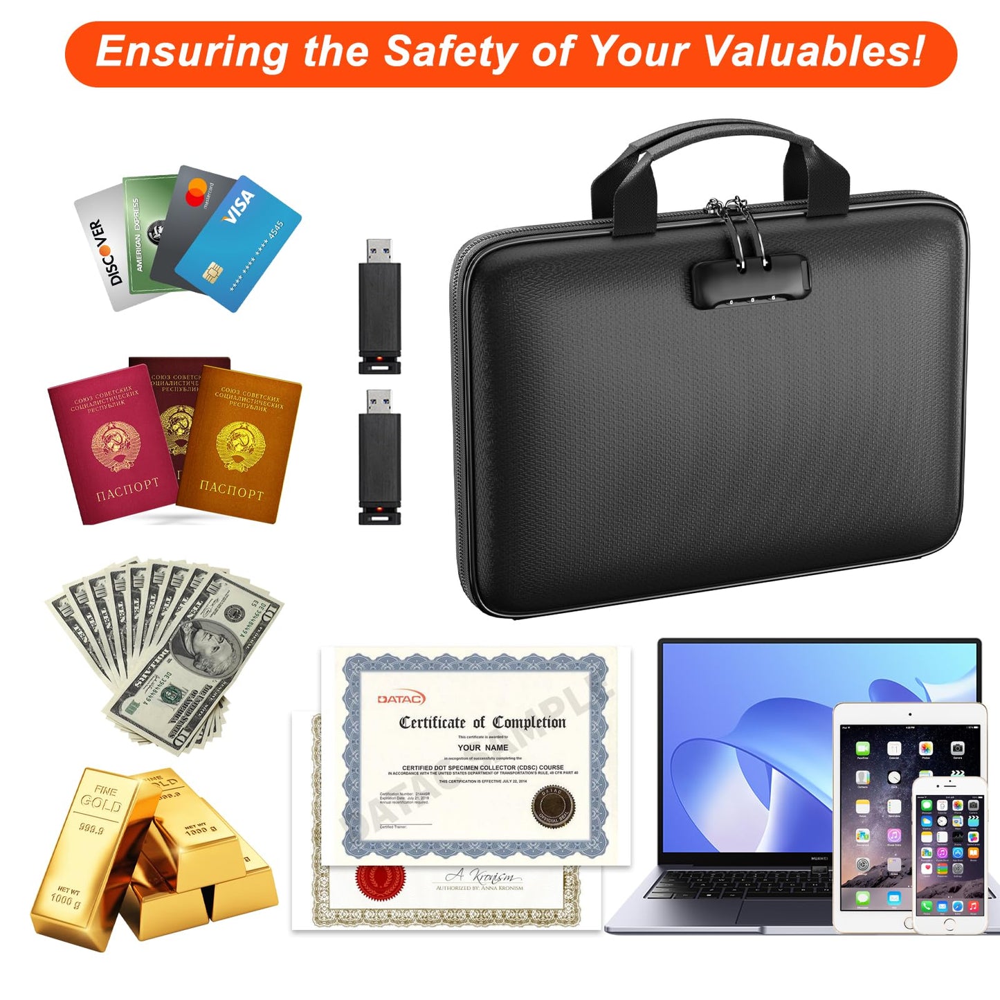 ZOOPIP Fireproof File Organizer,Fireproof Document Box with Lock,Large 13 Pocket Expanding File Folder,Hard-Shell Portable Safe Storage for Letter/Legal Document,Laptop,Valuables-Black