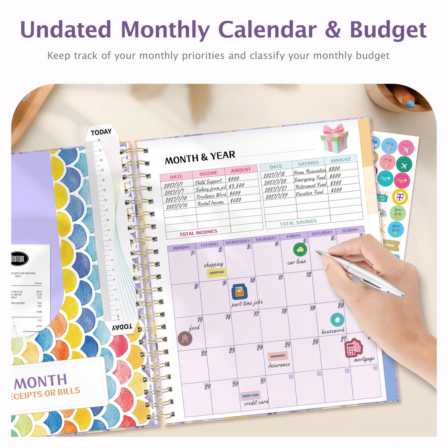 Ospelelf Budget Planner Undated, Money Expense Tracker with Pocket & Stickers, Thick Cardboard Cover, Large Pages for Spacious Writing, Original Fun Colorful Design, 12 Month Financial Notebook, Purple Floral