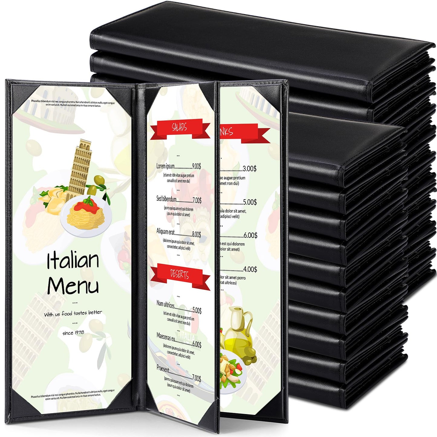 Jexine 20 Pcs Black Menu Covers Waterproof Restaurant Cafe Bar PU Leather 4 View Fold Menu Book with Angled Corners for Wine Drinks Cafes List Covers Set, 4.25 x 11 Inches