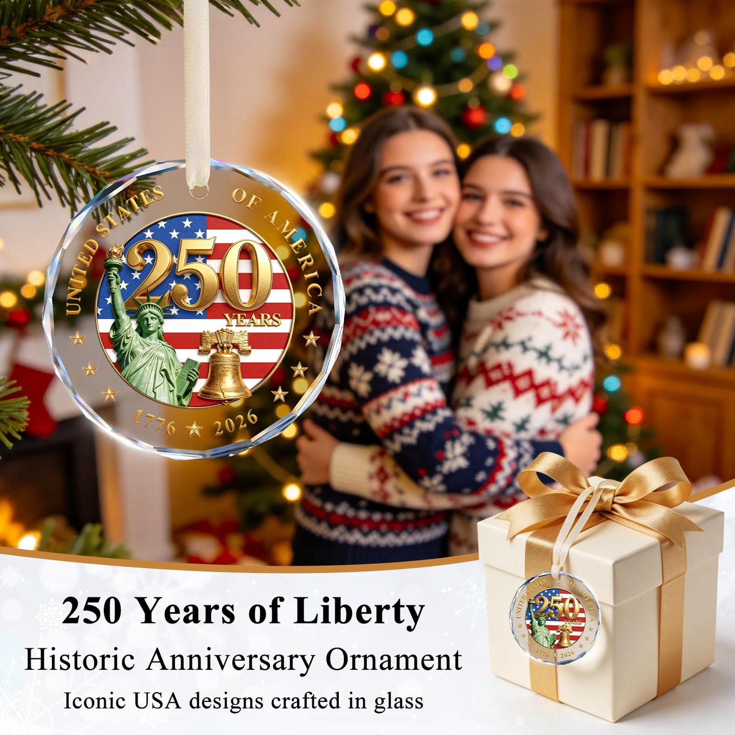 250 Anniversary USA Ornament for 4th of July Decorations - Crystal Glass Patriotic Christmas Ornaments - 1776-2026 Statue of Liberty Bell & US Flag Keepsake - Independence Day Souvenir Gifts