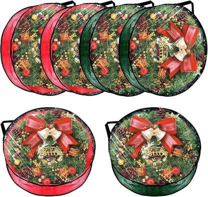 6 PCS Clear Wreath Storage Bag, 24x8 Inch Christmas Wreath Storage Container, PVC+PE Wreath Protector with Handle for Xmas Holiday Seasonal Wreath Garland (3 Green+3 Red)