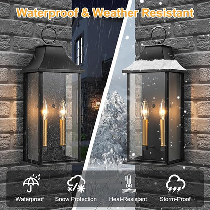 Dusk to Dawn Outdoor Wall Lantern 2-Light, 20.6" Large Outside Wall Sconce, Modern Black Wall Light Fixture with Glass, Waterproof Exterior Lamp for House, Porch, Garage