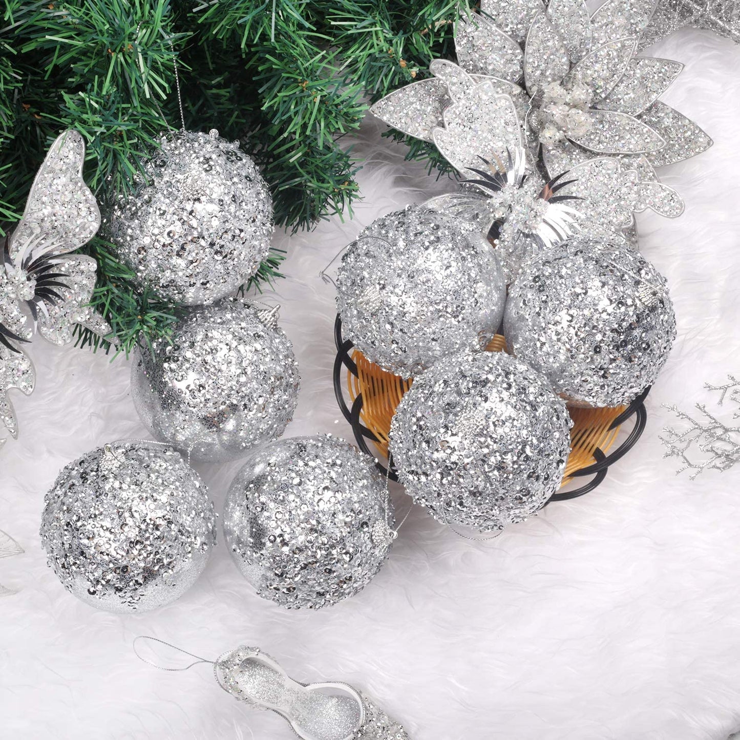 ZHANYIGY 4pc Silver Christmas Ball Ornaments, Shatterproof Christmas Ball Decorations for Trees, Wedding Party Holiday Decorations