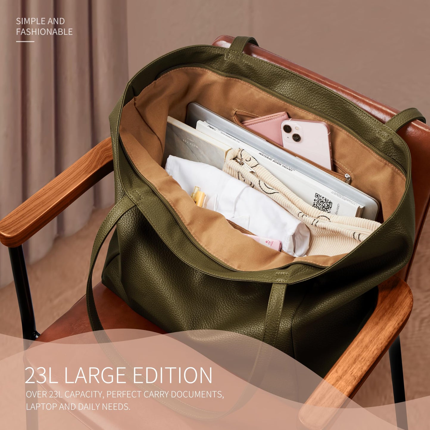 KALIDI Large Tote Bag Vegan Leather Casual Zipper Work Bag Weekender Hobo for Women 16L Oversize Shoulder Travel Purse, Olive Green