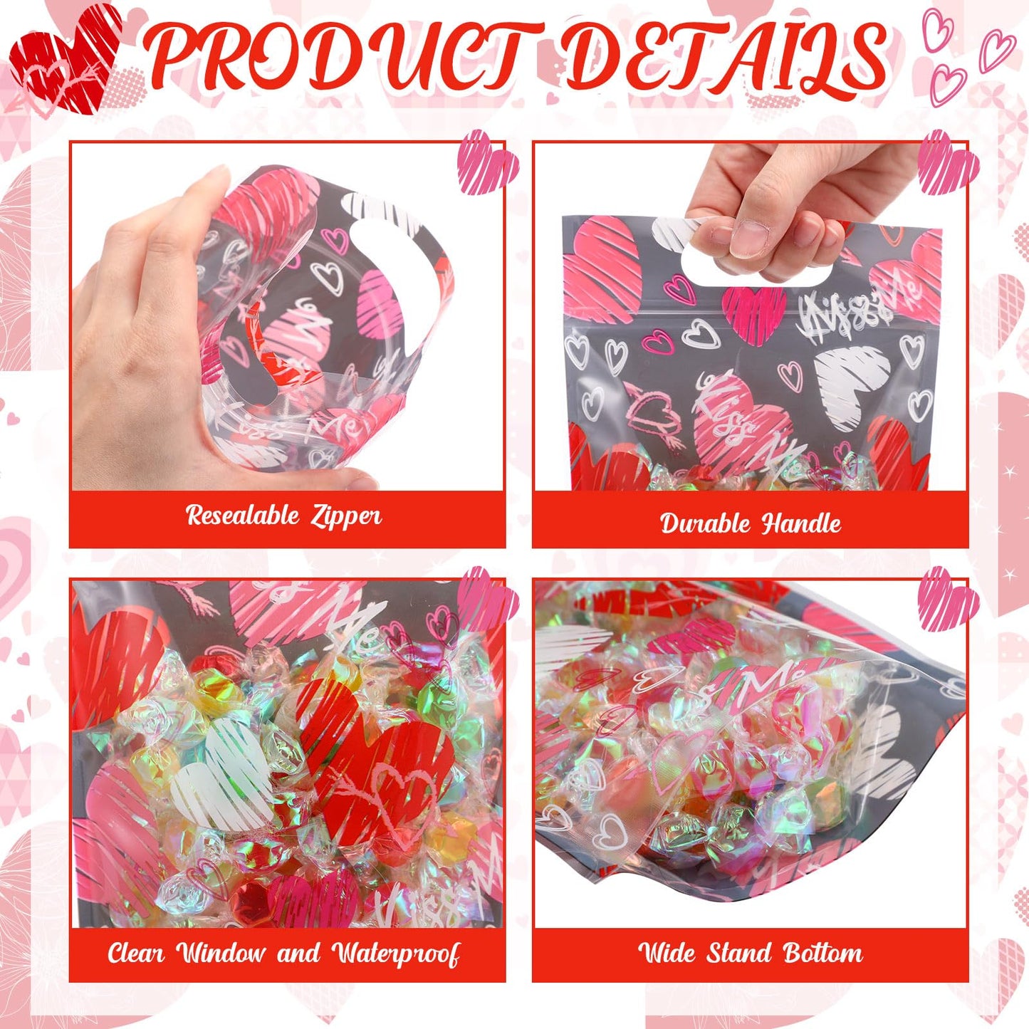 Pasimy 60 Pcs Valentine's Day Sealing Candy Bags with Zipper Love Heart Treat Goodie Bag Valentines Sealing Pouches with Handles Plastic for Valentines Party Favor Classroom Exchange Prizes Supplies