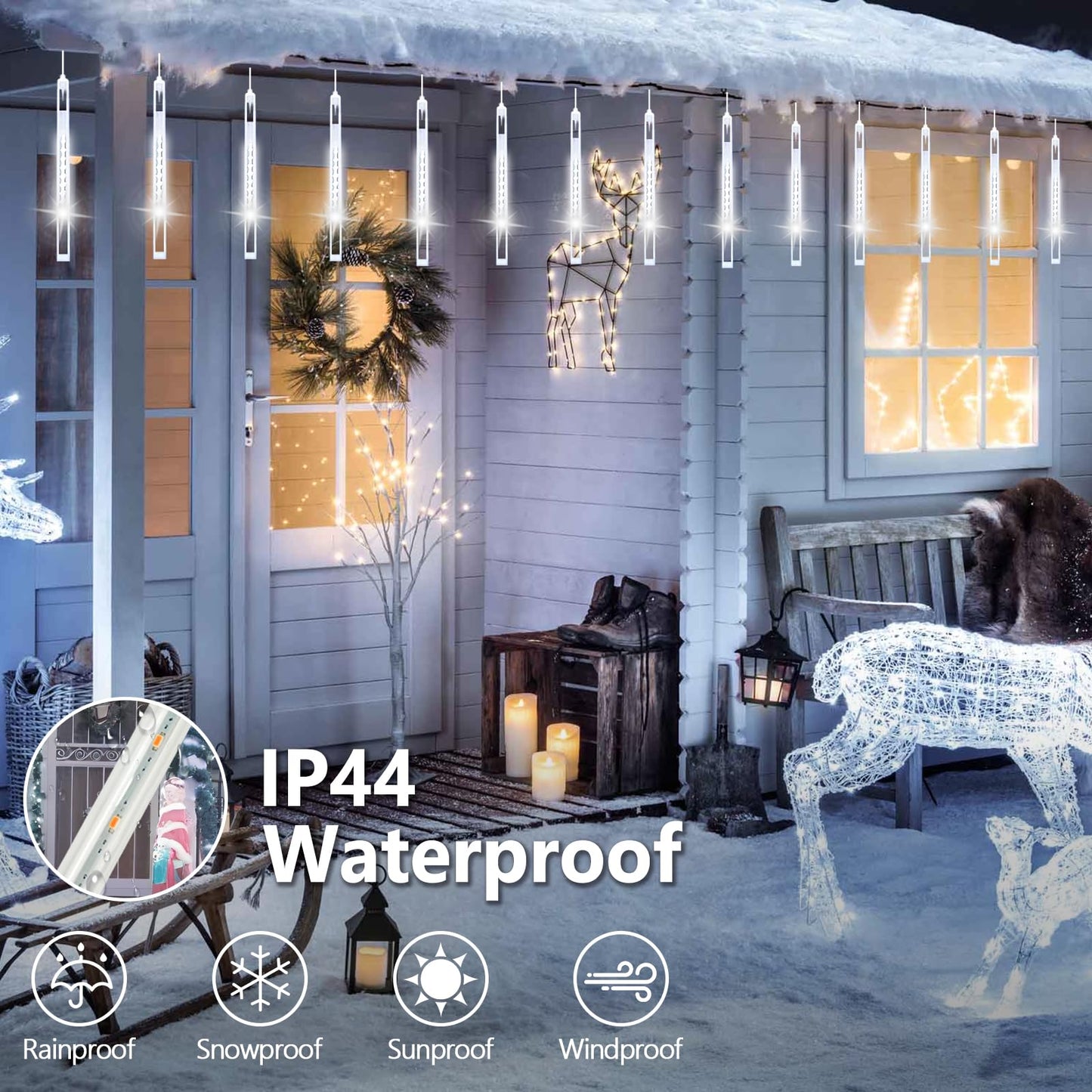2 Pack Christmas Lights Outdoor, Expandable Meteor Shower Lights with Timer, Waterproof Falling Rain Light with 16 Tubes 384 LED Plug in, Suitable for Garden House Xmas Tree Decorations (Cool White)