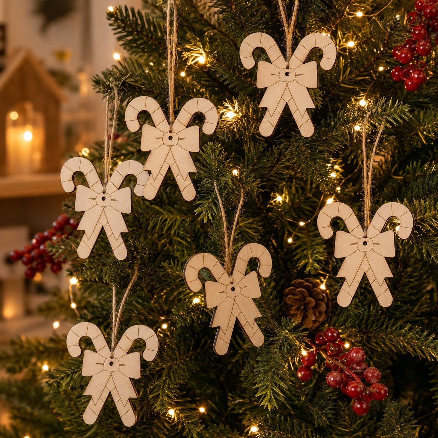LOGOFUN 20PCS Wooden Candy Cane Cutouts Christmas DIY Ornaments Blanks