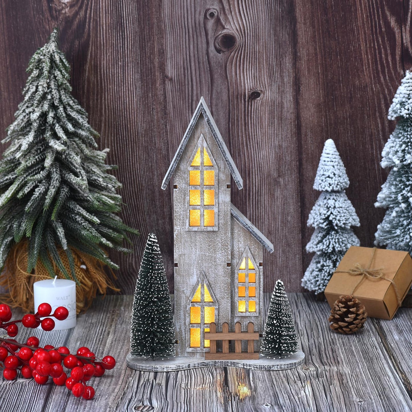 Wooden Christmas Village House with LED, Xmas Decor Indoor Tabletop Centerpiece with Tree, Lighted Christmas House Decor for Home Shelf Mantle, Winter Holiday Village Display (Style A)