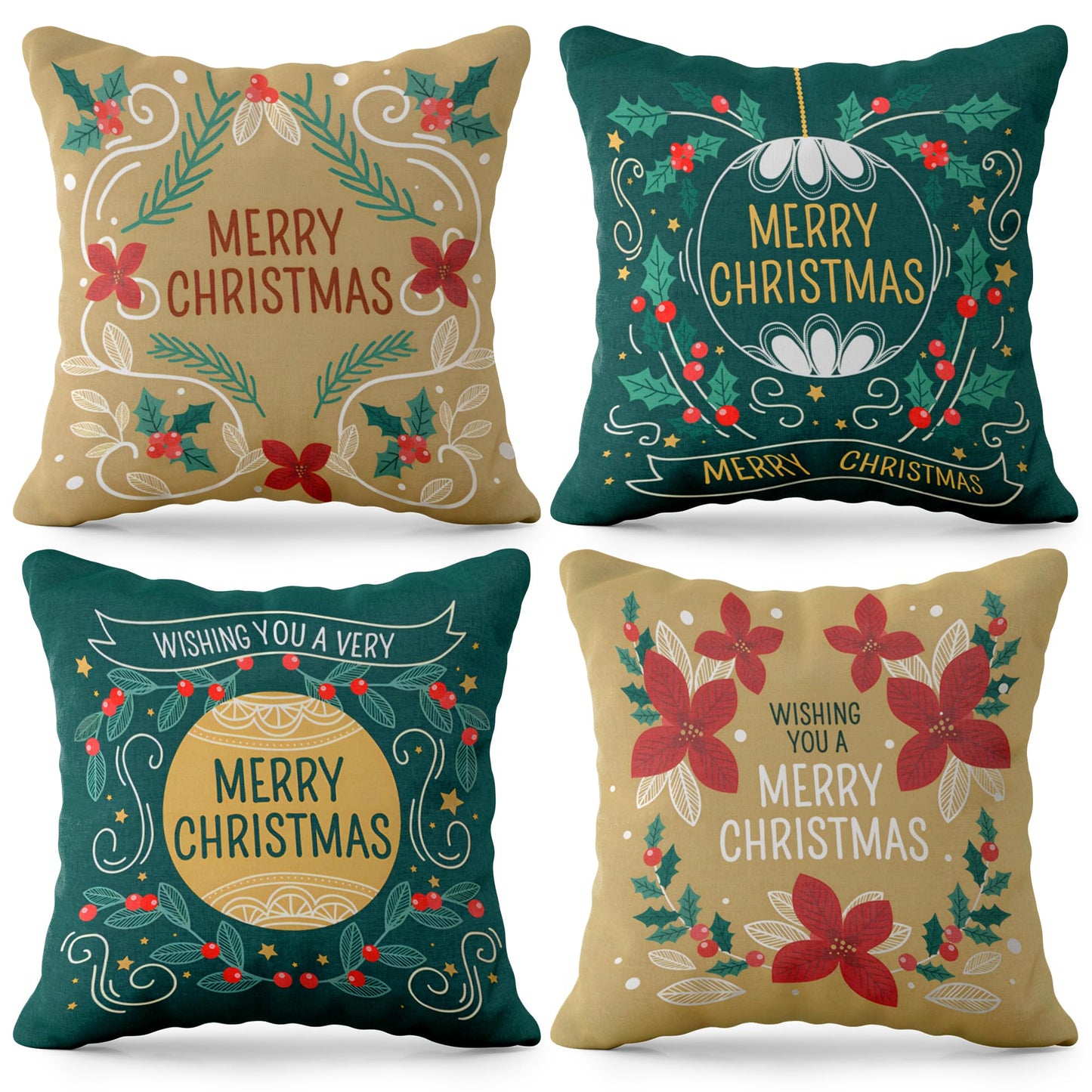 KatchOn, Merry Christmas Pillow Covers 18x18 - Pack of 4 | Green and Gold Christmas Throw Pillow Covers | Christmas Decorations Indoor | Holiday Pillow Cases