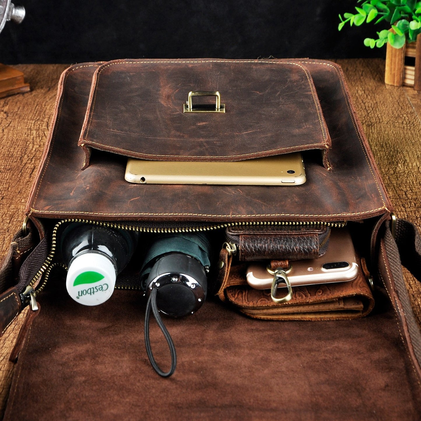 Le'aokuu Mens Genuine Leather Messenger Shoulder Sling Satchel Bag Cross Body