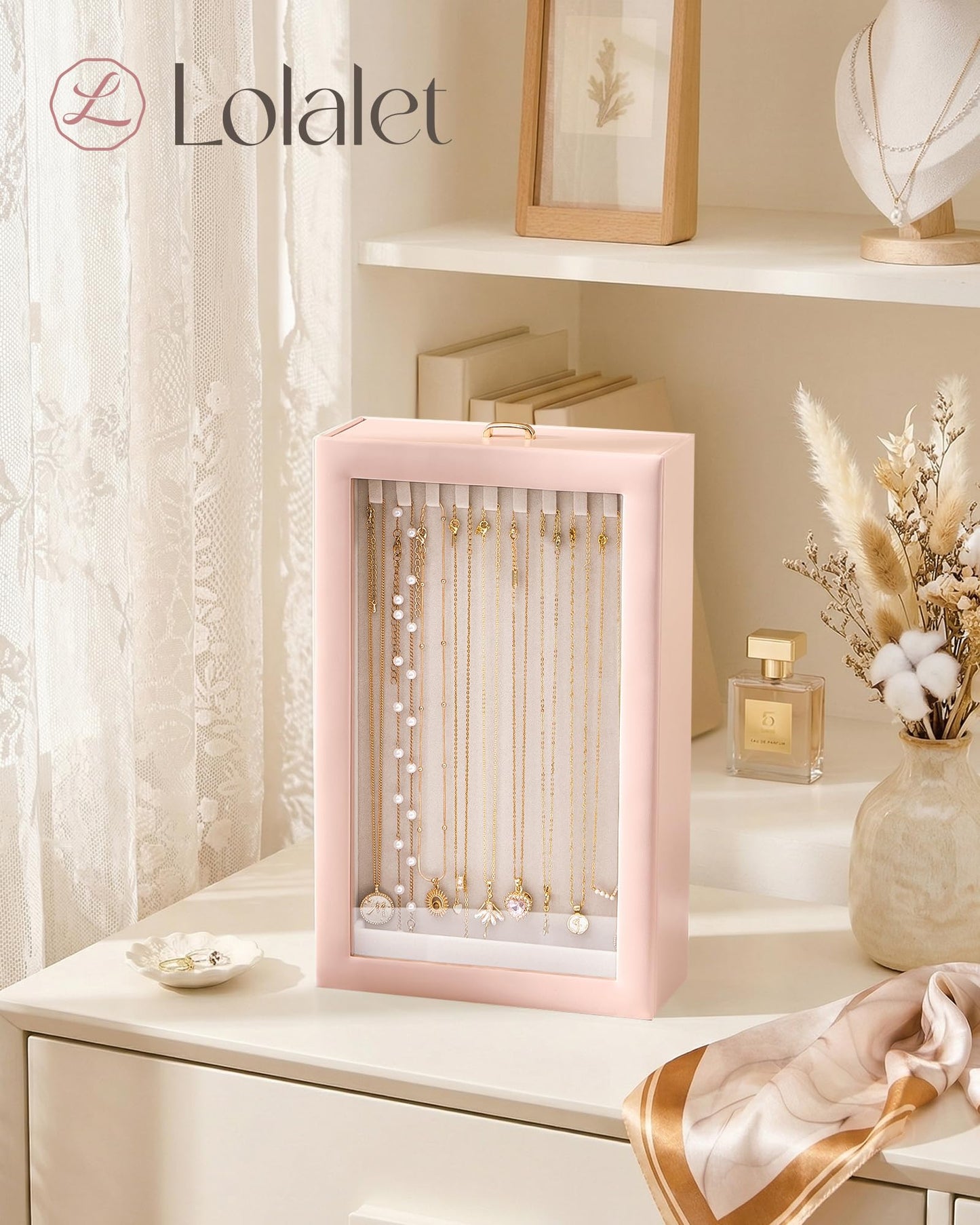 Lolalet Upgraded Double-Sided Hanging Necklace Organizer Box, Jewelry Display Case with Double-Sided Clear Window for Necklaces Bracelets, Tangle-Free Necklace Storage Box, Pink, 1-Layer 20 Hooks