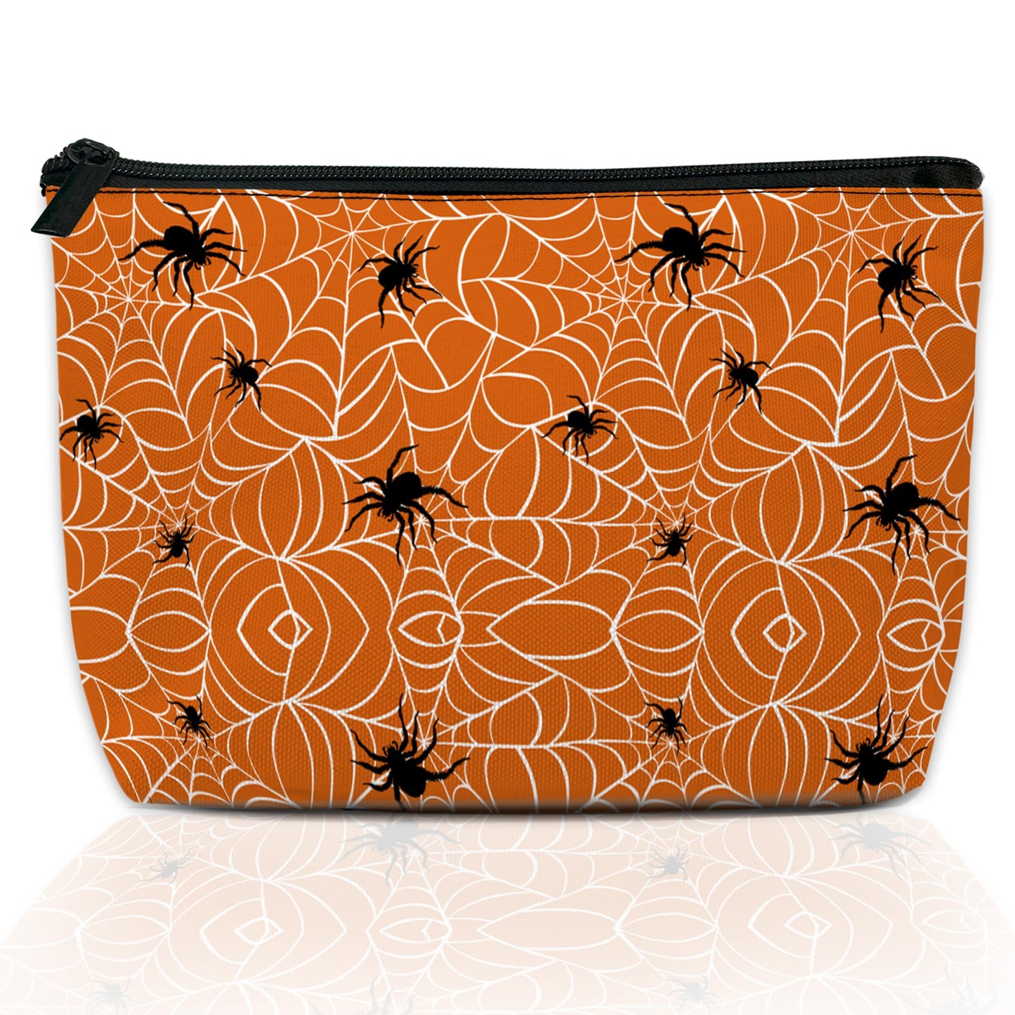 DEMACYA Spiders Makeup Bag for Purse, Waterproof Funny Cosmetic Bag for Women, Zipper Travel Toiletry Pouch with Webs Black Gift 9.5×5.9 Inch