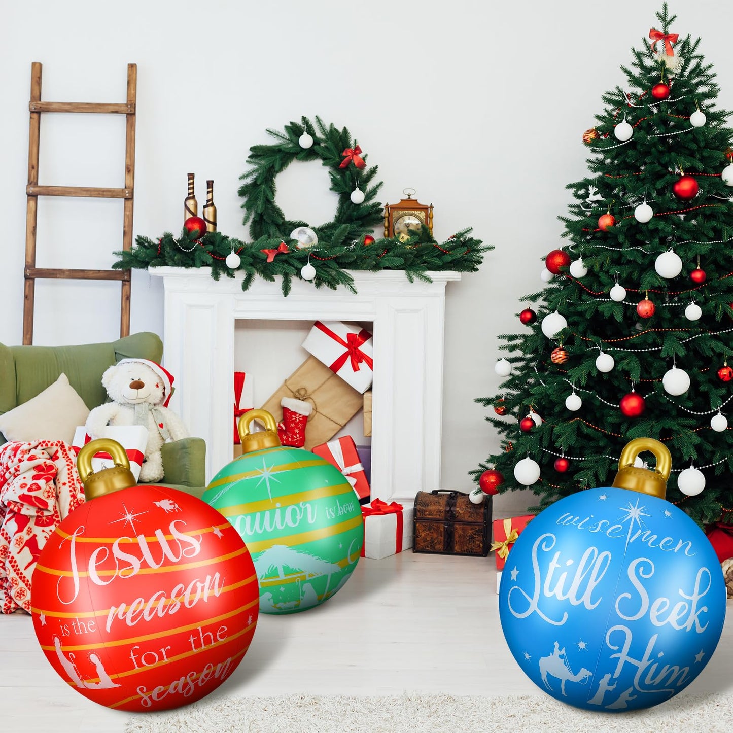 Jetec 3 Pcs 32 Inch Giant PVC Inflatable Christmas Ball Inflatable Decorated Ball Large Xmas Inflatables Ornaments Decorations for Xmas Holiday Outdoor Blow up Yard(Red, Green, Blue,Nativity Scene)