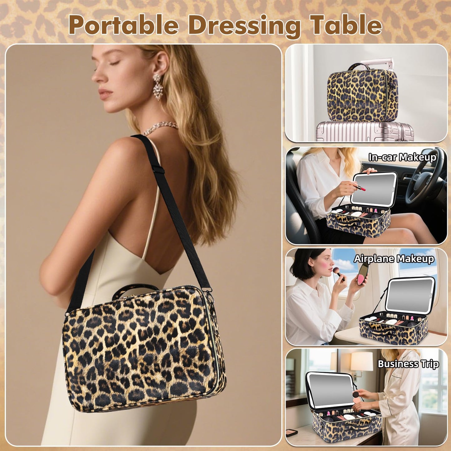15''X11'' Large Makeup Bag with Removable Lighted Mirror, Professional Travel Make up Bag with Mirror and Light Cosmetic Train Case Organizer, PU Leather with Adjustable Dividers & Brush Storage Board