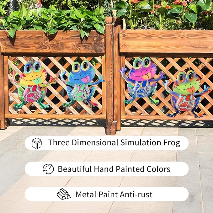 Metal Frog Wall Decor, 4Pcs Frog Iron Wall Art Sculptures Art Frogs Wall Hanging Sculpture Decoration. Outdoor Fence Art for Home Garden, Fence, Patio, Yard, Bedroom Outside Gifts for Adults