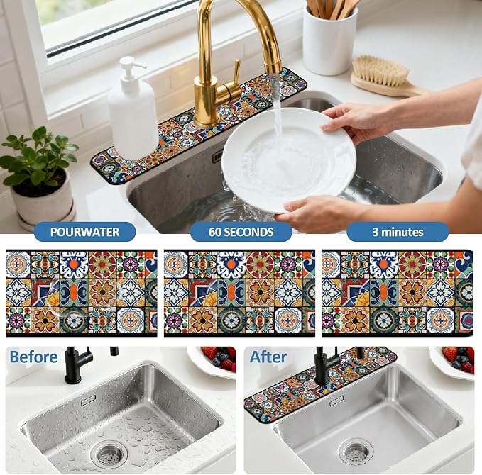 2 Pcs Kitchen Sink Splash Guard Faucet Mats Colored Bohemian Tiles Pattern